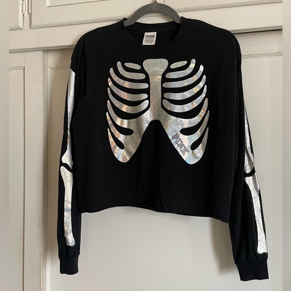 PINK Victorias Secret Long Sleeve Crop Top With Skeleton Print. Pre-Owned. - Picture 2 of 5